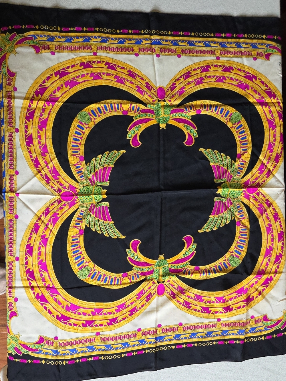 b new york Black, Pink and Gold Ornate Silk-Feel Square Scarf